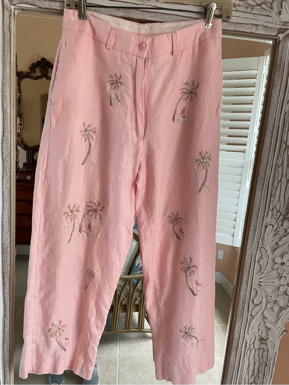 Saint Tropez West100% Linen Pink Cropped Pants with Palm Trees Embroidery Med